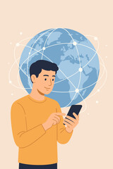 Poster - Modern man using smartphone for global communication and connectivity, wireless internet network, digital technology, online social media, information exchange, flat vector illustration