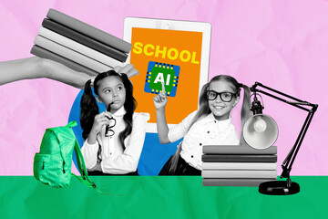 Poster - Full 3d poster art collage of two happy classmates girls class table ai hand hold book lamp backpack literature subject cyber