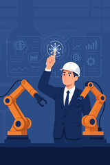 Poster - Industrial automation engineer controlling robotic arms with artificial intelligence, Industry 4.0 smart factory, real-time data interface, digital manufacturing technology concept