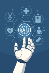 Poster - Artificial Intelligence Healthcare Technology Concept. Robotic Hand Interacting with Medical Data Network, DNA, Diagnostics, Patient Records, Digital Medicine, Future AI in Medical Treatment