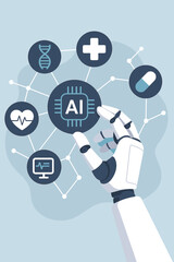 Poster - Artificial Intelligence in Healthcare Concept. Robotic Hand Interacting with Medical Data Network, DNA, Heartbeat, Medicine, Diagnostics Icons. AI Technology for Accurate Patient Treatment Future