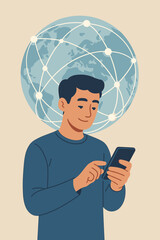 Poster - Global digital communication concept. Man using smartphone for worldwide network connection. Modern technology, internet connectivity, social media, innovation. Flat vector illustration
