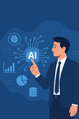 Poster - Artificial Intelligence in Healthcare Technology. Businessman Points to AI Chip. Medical Data Analytics, Brain Network, Digital Transformation, Big Data, Hospital Innovation, Medical Statistics
