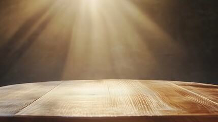 Poster - Soft sunlight illuminates a wooden table in a serene indoor space during early morning hours