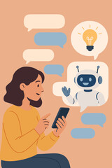 Poster - Woman chatting with AI chatbot on smartphone. Artificial intelligence robot communication, digital assistant technology, smart conversation, online help, innovation, virtual support concept