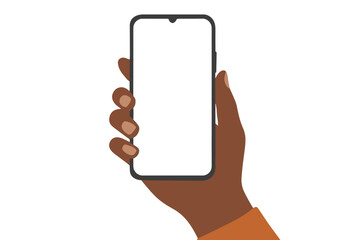 Poster - African American female hand holding a smartphone with a blank white screen. Black woman's hand showing mobile phone display for mockup. Flat vector cartoon illustration isolated.