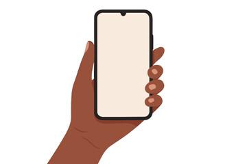 Poster - Black woman hand holding a smartphone with a blank screen. African American female person using a mobile phone. Mockup display for app or website. Modern flat vector illustration.