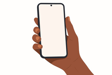 Poster - African American woman hand holding modern smartphone with empty screen. Mobile phone mockup template. Isolated vector illustration for app UI design or social media concept.