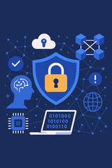 Fototapete - Cyber security technology and network data protection concept. AI security, blockchain, and digital padlock for online internet privacy. Authorized access against cyber attack vector.