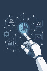 Fototapete - Artificial intelligence concept with a robot hand touching a digital brain. AI, machine learning, deep learning, big data analysis, and data science technology on a network background.
