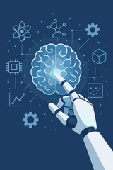 Fototapete - AI technology and machine learning concept. Robot hand touching a digital brain icon. Deep learning, data science, and big data analysis. Futuristic innovation and scientific network.