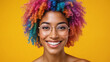 © DruZhi Art - Vibrant Rainbow Curly Hair Portrait - Young Woman with Colorful Afro and Glasses on Yellow Background for Beauty Blogs, Fashion Photography, and Self-Expression Themes