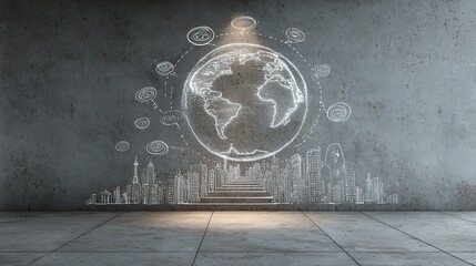 Poster - Creative business sketch and globe hologram on concrete wall background in interior. Success, seminar and communication concept. 3D Rendering, no logos, no brands