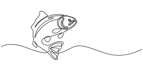 Fototapete - Fresh salmon fish in continuous line art drawing, Monoline Fishing Symbol, One Line Tuna Silhouette, Fish line background. One continuous line drawing of fish. Vector illustration. Fish symbol, salmon
