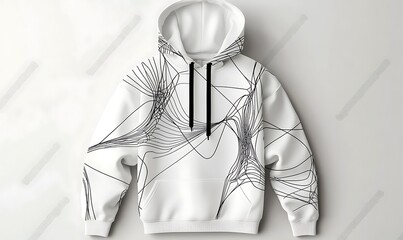 Poster - White hoodie showcasing abstract black line design, perfect for modern fashion and casual wear.