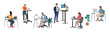 © Creative_Juice_Art - Vector set of diverse people in smart casual outfits working with laptop, computer, or tablet, standing or sitting at desks. Ideal for business, teamwork, and coworking illustrations
