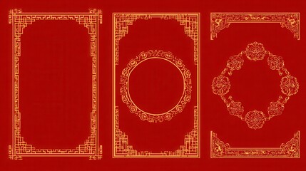 Poster - Chinese borders. Gold on red asian new year decorative traditional frames, oriental line vintage japanese pattern for image frame set, no logos, no brands