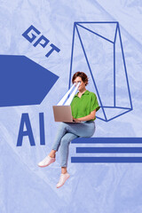 Aufkleber - Sketch template 3D photo collage composite of online computer virtual technology netbook young lady work eyes watch gpt ai intelligence
