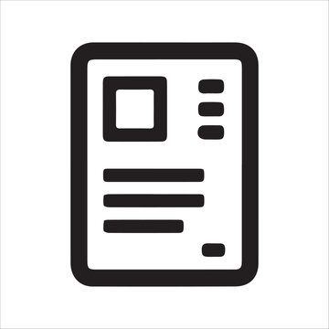 Simple and bold vector icon of a document or file, featuring a layout with text lines and a placeholder image. This flat black symbol is ideal for representing articles, reports, files, digital forms,