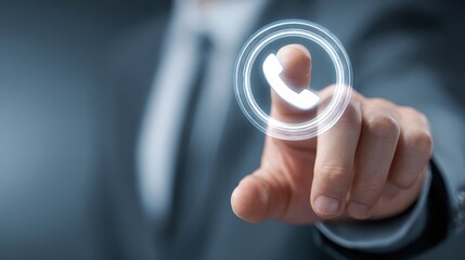 Poster - business, technology, internet and networking concept - businessman pressing button with contact on virtual screens, no logos, no brands