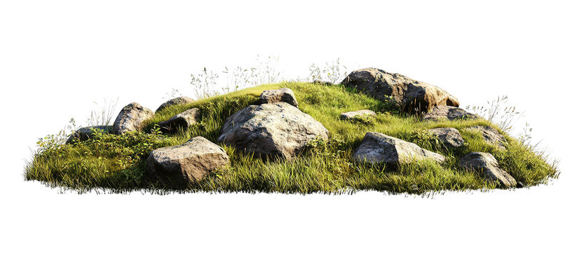 A meticulously rendered isolated clump of rocks and grass on a transparent background provides great elements for your projects.