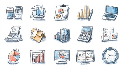 Poster - Business sketch icon set for web, mobile and infographics. Hand drawn business icon set. Business vector icon set. Business icon set isolated on white background., no logos, no brands
