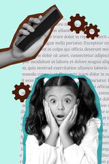 Poster - Vertical zine art pop trend collage of shocked preteen schoolgirl stand hand hold phone cogwheel innovation cyber courses