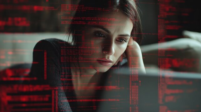 Closeup of young woman reading digital fake news on laptop. Propaganda and disinformation online. Media and digital concept. All screen graphics are made up by us illustration , no logos, no brands