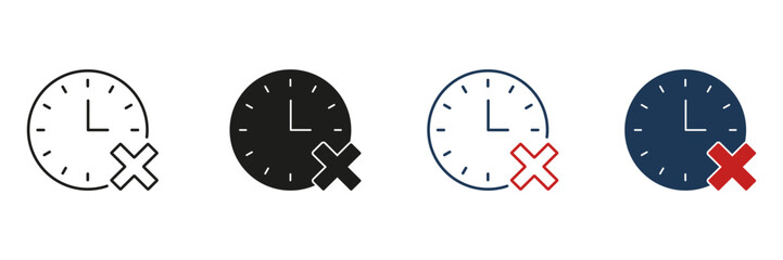 Fototapete - clock with cross mark line and solid icon set. time management, deadline missed, and schedule cancel