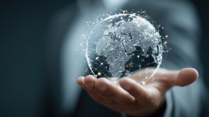 Poster - Close up of businessman holding digital globe in palm, no logos, no brands