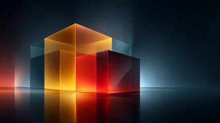 Aufkleber - Colorful cube is shown in a dark background. The cube is made of glass and is illuminated by a light source. The image has a modern and abstract feel to it