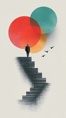 Poster - Man is walking up a staircase in front of a large red circle. The image has a surreal and dreamlike quality, with the man appearing to be in a different world. The bright colors of the circles