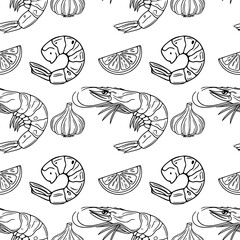Poster - Seamless vector outline pattern of hand-drawn shrimps, garlic cloves, and lemon slices, creating a stylish monochrome culinary design perfect for food packaging or restaurant menus.