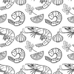 Poster - Seamless vector outline pattern of hand-drawn shrimps, garlic, lemon slices, and parsley, creating a stylish monochrome culinary design perfect for food packaging or restaurant menus.