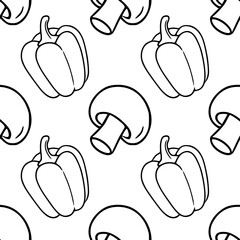 Poster - Seamless vector outline pattern featuring hand-drawn illustrations of bell peppers and mushrooms, creating a minimalist monochrome design ideal for kitchen-themed projects.