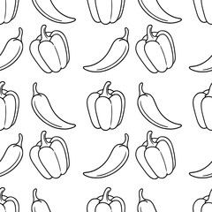 Poster - Seamless vector outline pattern of hand-drawn bell peppers and chili peppers in a minimalist black and white line art style, perfect for kitchen decor or food-related designs.