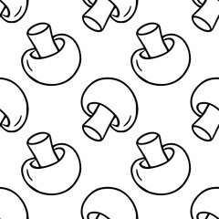 Poster - Seamless vector outline pattern of hand-drawn monochrome mushrooms, featuring a playful, minimalist style ideal for kitchenware design or food-related projects.