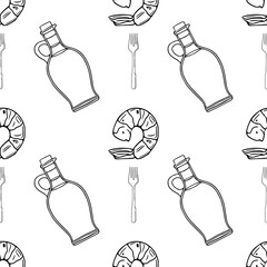 Poster - Seamless vector outline pattern featuring hand-drawn illustrations of grilled shrimp, olive oil bottle, and fork, creating a minimalist culinary design.