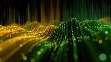 Poster - Green and yellow abstract technology background with animation slow motion of little light dot stripes. Motion waving glowing d-focused little ball particles. Abstract creative pop colorful motion., 