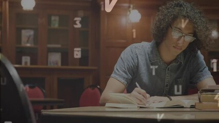 Poster - Student opening textbook initiating drifting letters and numbers, taking notes in library studying
