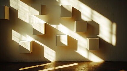 Leinwandbilder - Wall with sunlight casting shadows across empty boxes and blank space for messaging, home ownership theme.