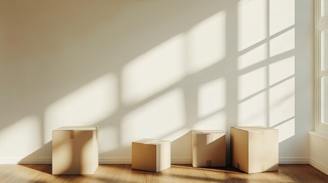 Wall with sunlight casting shadows across empty boxes and blank space for messaging, home ownership theme.