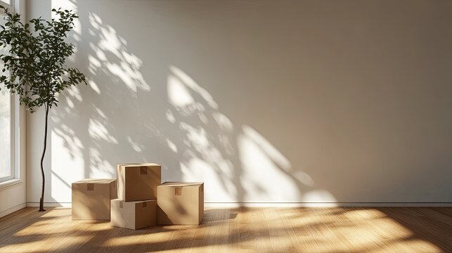Wall with sunlight casting shadows across empty boxes and blank space for messaging, home ownership theme.