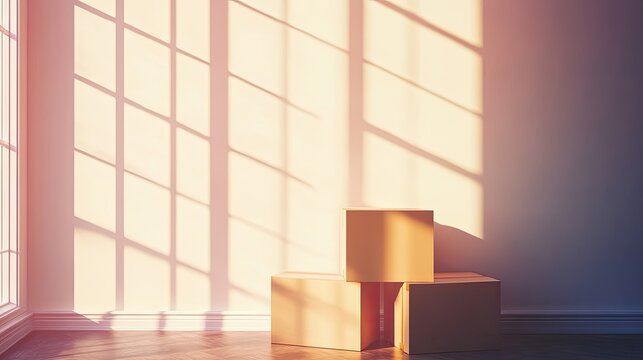 Wall with sunlight casting shadows across empty boxes and blank space for messaging, home ownership theme.