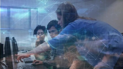 Poster - instructor stepping in computer lab guiding students while network overlay animating code flow
