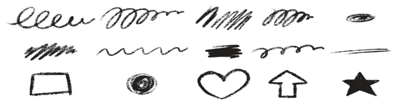 Hand drawn stroke, crown, love heart, pencil swoosh shape. Line text underline, emphasis, star, arrow mark element. hand drawn pen brush marker. Vector illustration.