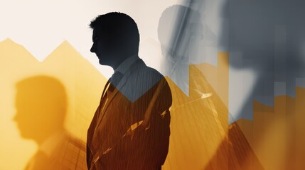 Poster - Double expplosure with businessman silhouette and business chart, no logos, no brands