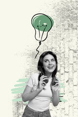 Poster - Sketch pop image sketch vertical collage of happy businessman businesswoman stand light bulb idea finding illumination power