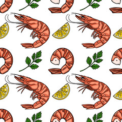 Poster - Seamless vector pattern of delicious shrimps, lemon slices, and parsley sprigs, perfect for restaurant menus or seafood packaging design.
