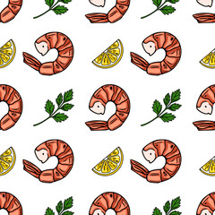 Poster - Seamless vector pattern of hand-drawn shrimps, lemon slices, and parsley sprigs, creating a vibrant and appetizing design for culinary-themed projects.